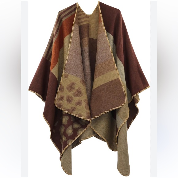 Animal print poncho shawl in coffee leopard combo. NIB - Picture 3 of 7